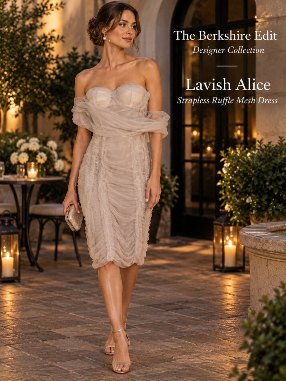 Lavish Alice Strapless Corset Ruffle Mesh Dress Ivory Nude US 4 UK 8
